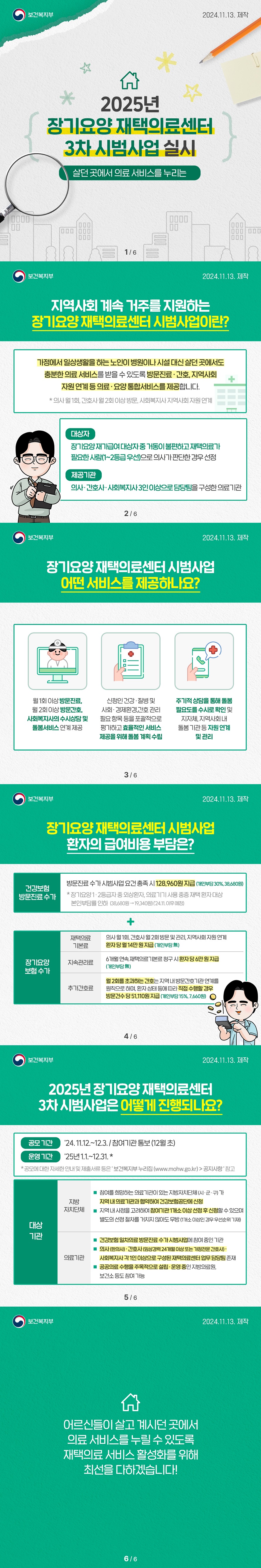 2025년 장기요양 재택의료센터 3차 시범사업 실시 살던 곳에서 의료 서비스를 누리는 (보건복지부) 지역사회 계속 거주를 지원하는 장기요양 재택의료센터 시범사업이란? 가정에서 일상생활을 하는 노인이 병원이나 시설 대신 살던 곳에서도 충분한 의료 서비스를 받을 수 있도록 방문진료 간호, 지역사회 자원 연계 등 의료 요양 통합서비스를 제공합니다. * 의사 월 1회, 간호사 월 2회 이상 방문, 사회복지사 지역사회 자원 연계■ 대상자 장기요양 재가급여 대상자 중 거동이 불편하고 재택의료가 필요한 사람(1~2등급 우선)으로 의사가 판단한 경우 선정 ■ 제공기관 의사·간호사·사회복지사 3인 이상으로 담당팀을 구성한 의료기관 ■ 장기요양 재택의료센터 시범사업 어떤 서비스를 제공하나요?  - 월 1회 이상 방문진료, 월 2회 이상 방문간호, 사회복지사의 수시상담 및 돌봄서비스 연계 제공  - 신청인 건강·질병 및 사회·경제환경, 간호 관리 필요 항목 등을 포괄적으로 평가하고 효율적인 서비스 제공을 위해 돌봄 계획 수립  - 주기적 상담을 통해 돌봄 필요도를 수시로 확인 및 지자체, 지역사회 내 돌봄 기관 등 자원 연계 및 관리 장기요양 재택의료센터 시범사업 환자의 급여비용 부담은? 건강보험 방문진료 수가 방문진료 수가 시범사업 요건 충족 시 128,960원 지급(개인부담 30%, 38,680원) * 장기요양 1 2등급자 중 외상환자, 의료기기 사용 중증 재택 환자 대상 본인부담률 인하 (38,680원 -> 19,340원) ('24.11. 이후 예정) 장기요양 보험 수가 재택의료 기본료 의사 월 1회, 간호사 월 2회 방문 및 관리, 지역사회 자원 연계 환자 당 월 14만 원 지급 (개인부담 무) 지속관리료 6개월 연속 재택의료기본료 청구 시 환자 당 6만 원 지급 (개인부담 무) 추가간호료 월 2회를 초과하는 간호는 지역 내 방문간호기관 연계를 원칙으로 하며, 환자 상태 등에 따라 직접 수행할 경우 방문건수 당 51,110원 지급 (개인부담 15%, 7,660원) 2025년 장기요양 재택의료센터 3차 시범사업은 어떻게 진행되나요? 공모 기간 2024년 11월 12일 ~ 12월 3일/ 참여기관 통보(12월 초) 운영 기간 2025년 1월 1일 ~ 12월 31일 *공모에 대한 자세한 안내 및 제출서류 등은 '보건복지부 누리집(www.mohw.go.kr) > 공지사항' 참고 대상기관 지방자치단체 참여를 희망하는 의료기관이 있는 지방자치단체(시 군 구)가 지역 내 의료기관과 협약하여 건강보험공단에 신청 지역 내 사정을 고려하여 참여기관 1개소 이상 선정 후 신청할 수 있으며 별도의 선정 절차를 거치지 않아도 무방 (1개소 이상인 경우 우선순위 기재) 의료기관 건강보험 일차의료 방문진료 수가 시범사업에 참여 중인 기관 의사(한의사) 간호사(임상경력 24개월 이상 또는 가정전문 간호사) 사회복지사 각 1인 이상으로 구성된 재택의료센터 업무 담당팀 존재 공공의료 수행을 주목적으로 설립 운영 중인 지방의료원, 보건소 등도 참여 가능 어르신들이 살고 계시던 곳에서 의료 서비스를 누릴 수 있도록 재택의료 서비스 활성화를 위해 최선을 다하겠습니다.